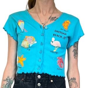 Vintage Blue Button Up Animal Daytona Beach Florida Crop Top